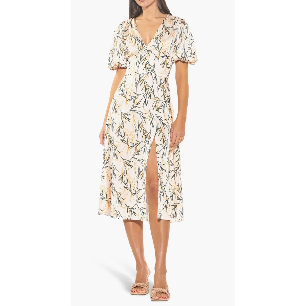 ALEXIA ADMOR Midi Dress Cream Floral Short Sleeve Women's Size 4 Midi Length